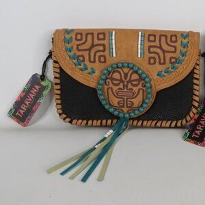 Taravana NWT Women's Black/Tan ADYOLE Tahitian Style Wristlet Handbag, 10"Wx7"H